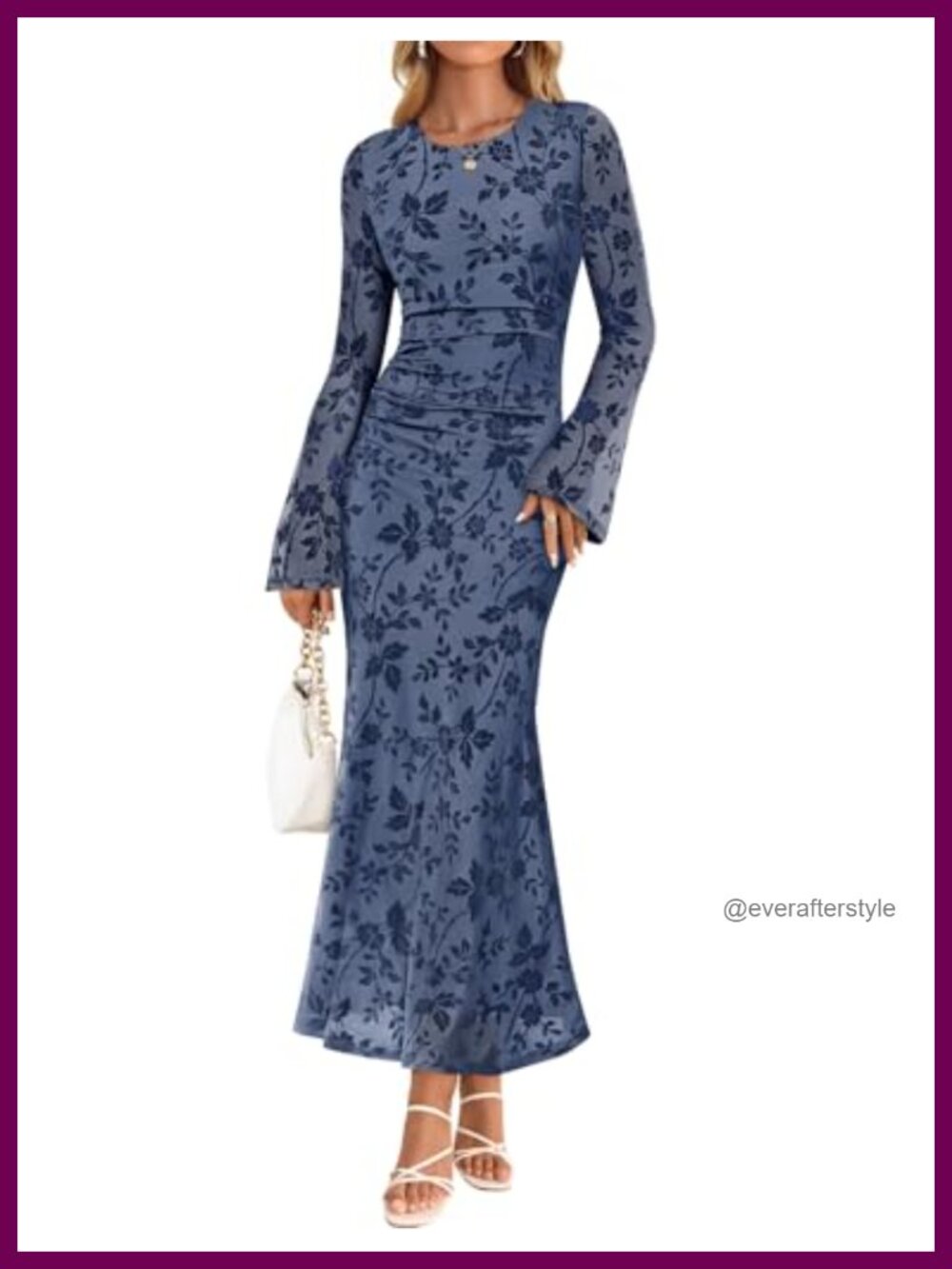 ZESICA Womens Long Sleeve Floral Fall Bodycon Ruched Mesh Maxi Formal Dress
